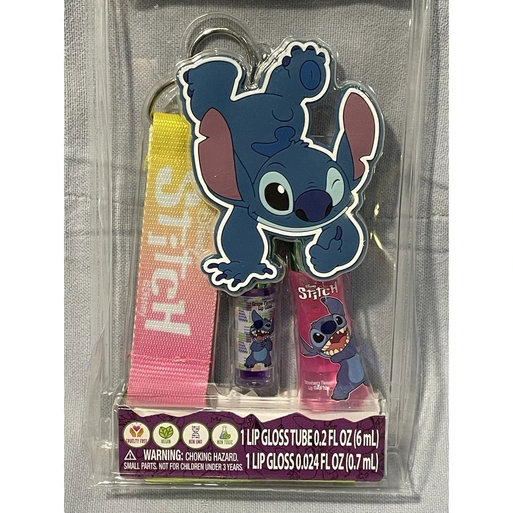 NEW Disney Flavored Stitch Lip Gloss Strap &‎ Keychain Set - Strawberry & Grape